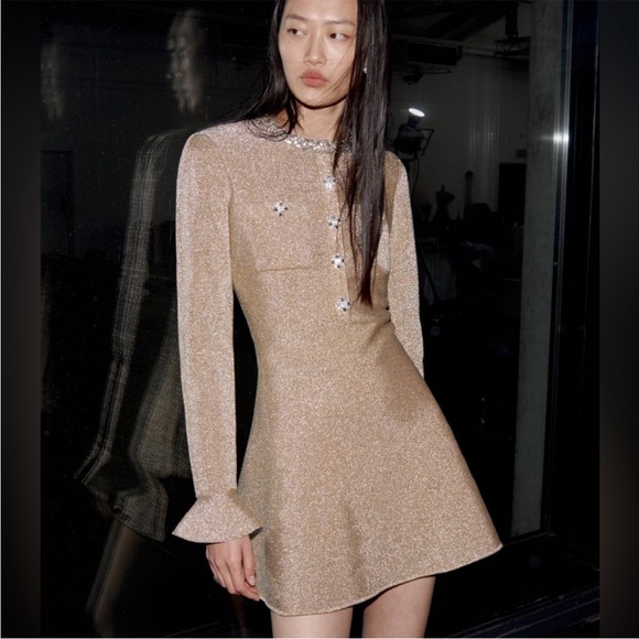Self-Portrait NWOT GOLD CRYSTAL TRIM KNIT MINI DRESS - Picture 3 of 7